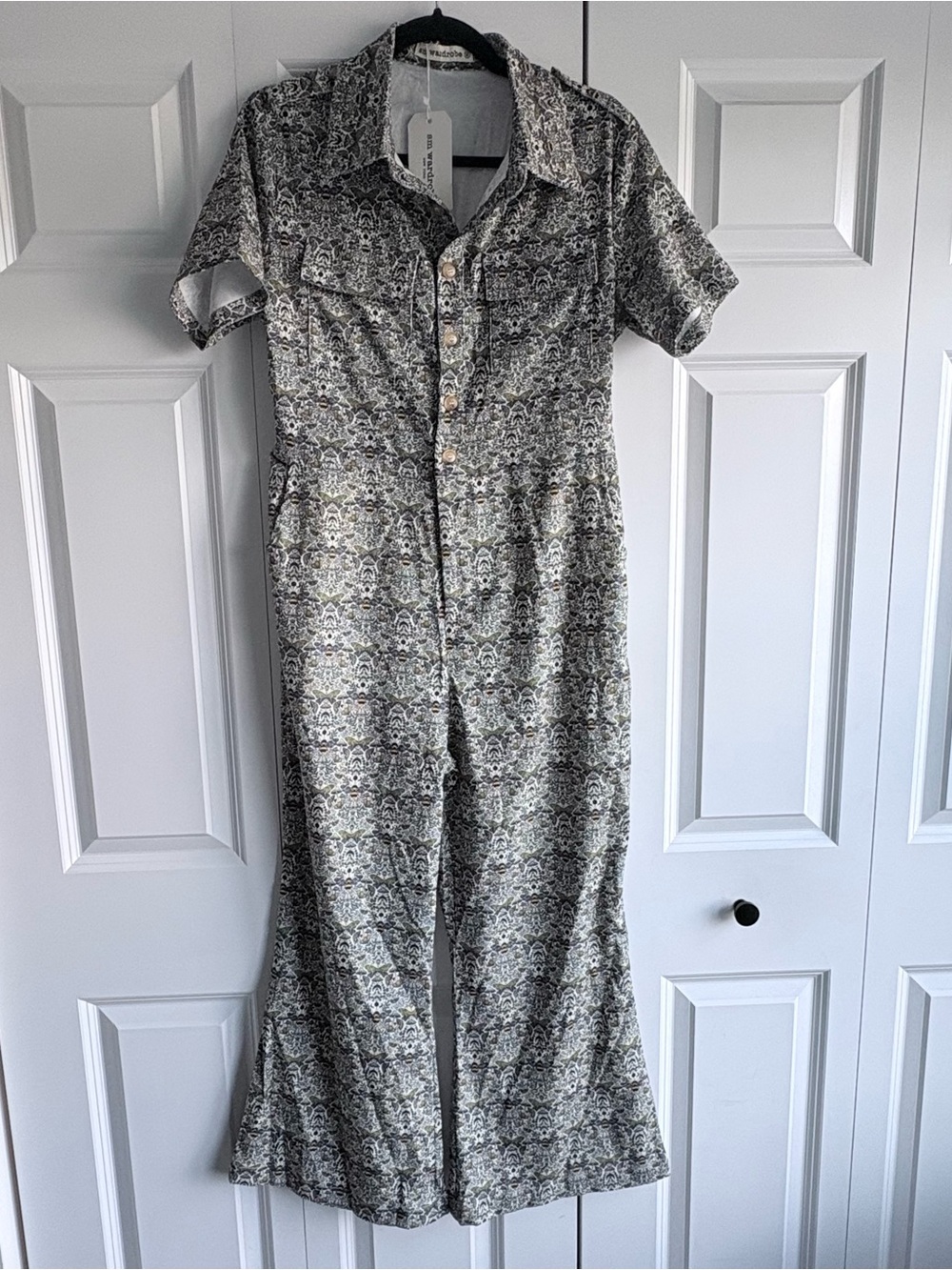 Button-Front Short Sleeve Printed Jumpsuit